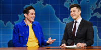 Pete Davidson and anchor Colin Jost during "Weekend Update" on "Saturday Night Live" in 2019.