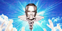 Photo illustration of RFK's face intertwined with a caduceus against a blue sky background; a row of hands are outreached at the bottom of the frame 