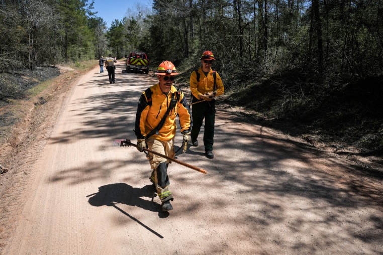 Firefighters walk on a dirt road between a forest