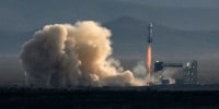 Blue Origin's New Shepard rocket  lifts off on April 14, 2025 in Van Horn, Texas. 