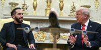 President Donald Trump participates in a bilateral meeting with El Salvador's President Nayib Bukele in the Oval Office of the White House in Washington, DC, April 14, 2025. 