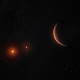 An exoplanet orbits two brown dwarfs in an artist's illustration. 