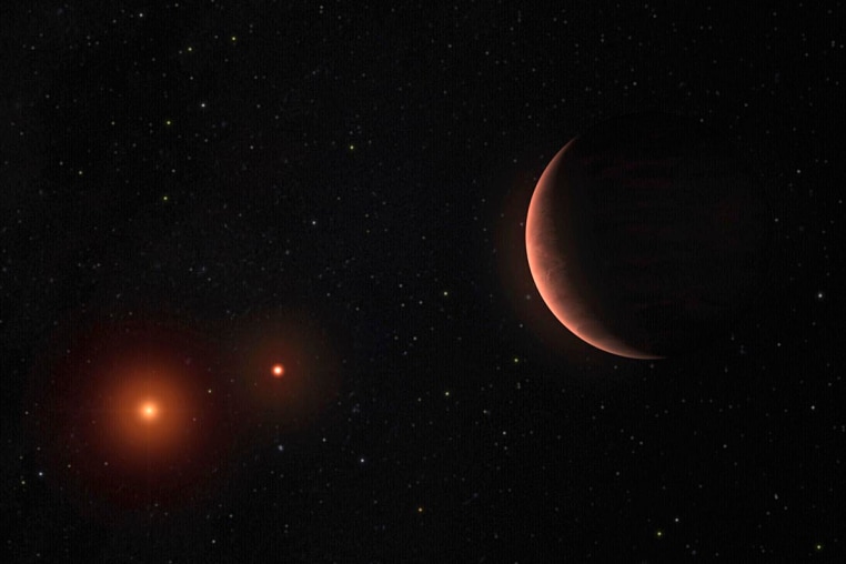 An exoplanet orbits two brown dwarfs in an artist's illustration. 