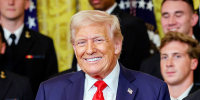 President Donald Trump during a presentation ceremony for the Commander-in-Chief Trophy to the Navy Midshipmen football team in the East Room of the White House April 15, 2025. 