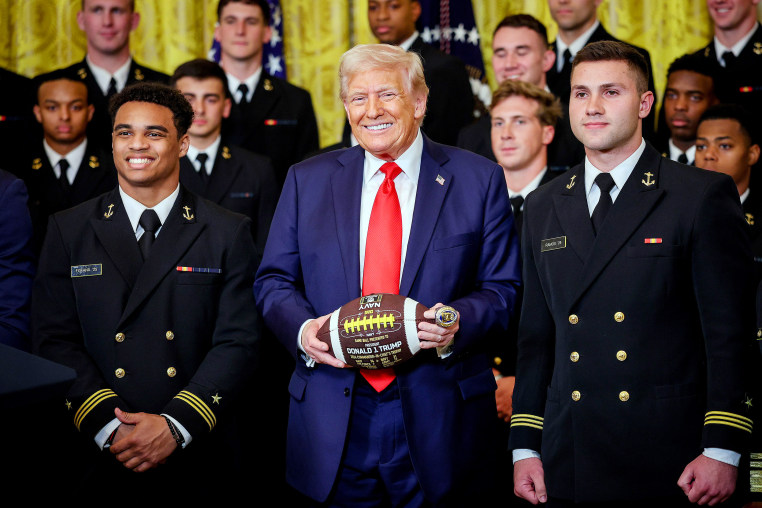 President Donald Trump during a presentation ceremony for the Commander-in-Chief Trophy to the Navy Midshipmen football team in the East Room of the White House April 15, 2025. 