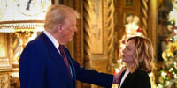 Italy's Prime Minister Giorgia Meloni talks with President-elect Donald Trump at his Mar-A-Lago Club on Jan. 4, 2025 in Palm Beach, Fla.