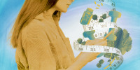 Photo collage with a woman holding a smartphone, which is surrounded by a tape measure, a pill bottle, strawberries, kale, and dumbbells.
