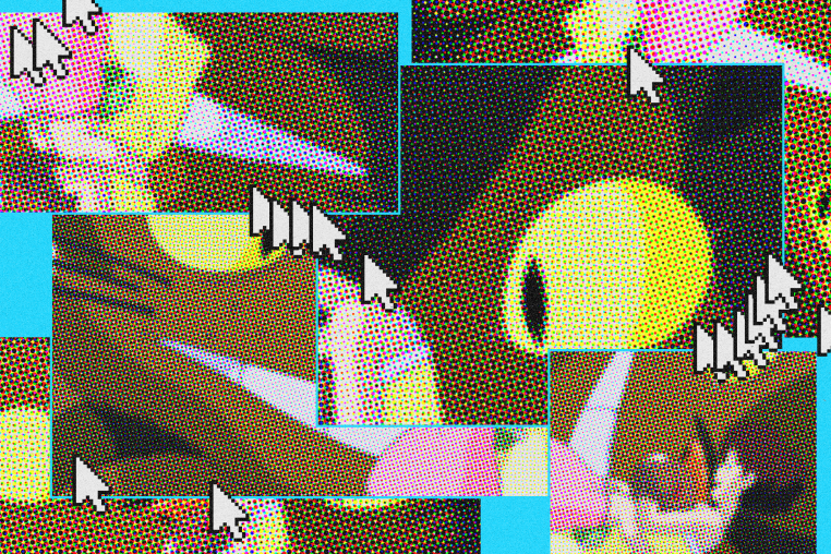 Photo collage cluttered with cropped rectangles of a still from the movie My Neighbor Totoro. Computer arrow icons are repeated randomly across the screen.