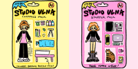 A split composite image of two drawn illustrations of dolls in a package