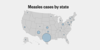 Symbol map showing where measles cases have been reported in the U.S. — Texas has the highest concentration, with more than 400 reported cases. New Mexico is second with nearly 50 reported cases. 
